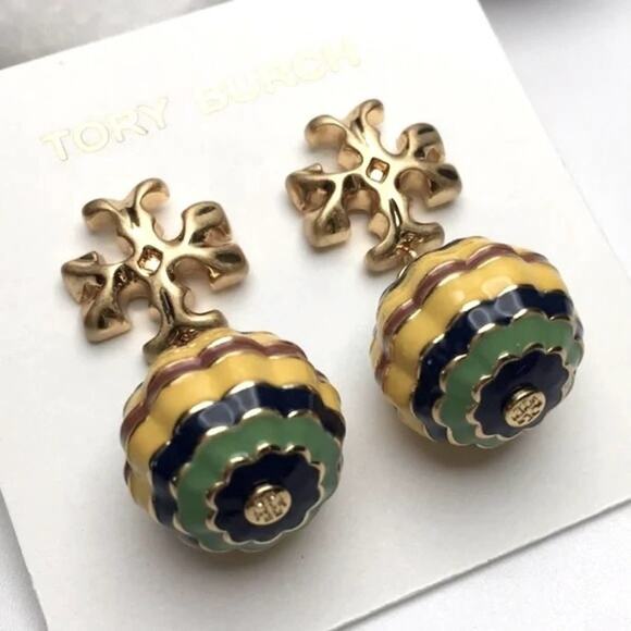 NWOT Tory Burch Gold Logo/ Yellow Multi Drop Stud Earrings - Picture 3 of 6